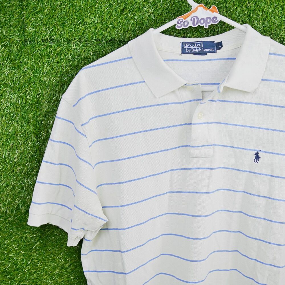 Vintage Polo Ralph Lauren Striped Polo Shirt White Blue - Men's Size L
